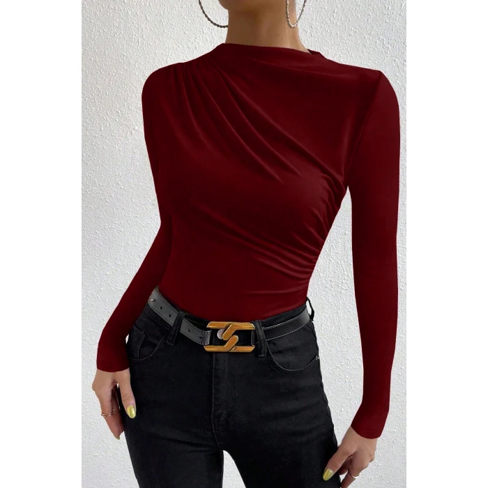 Kadın Bordo Belden ve Boyundan Büzgü Detaylı Uzun Kollu Bluz