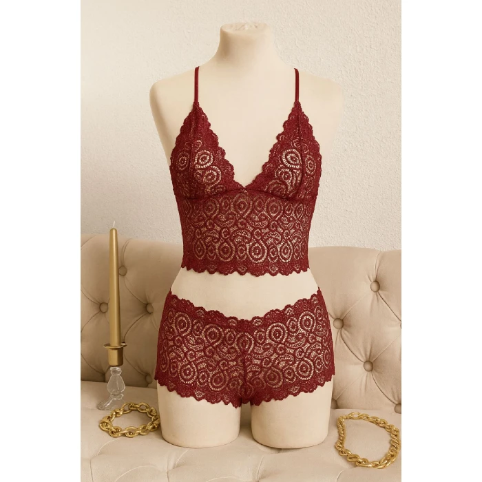 Kadın Bordo Dantel Bralet Şort Takımı – Asil Ve Sofistike İç Giyim