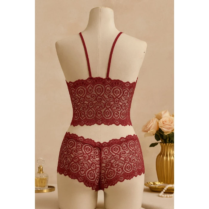 Kadın Bordo Dantel Bralet Şort Takımı – Asil ve Sofistike İç Giyim