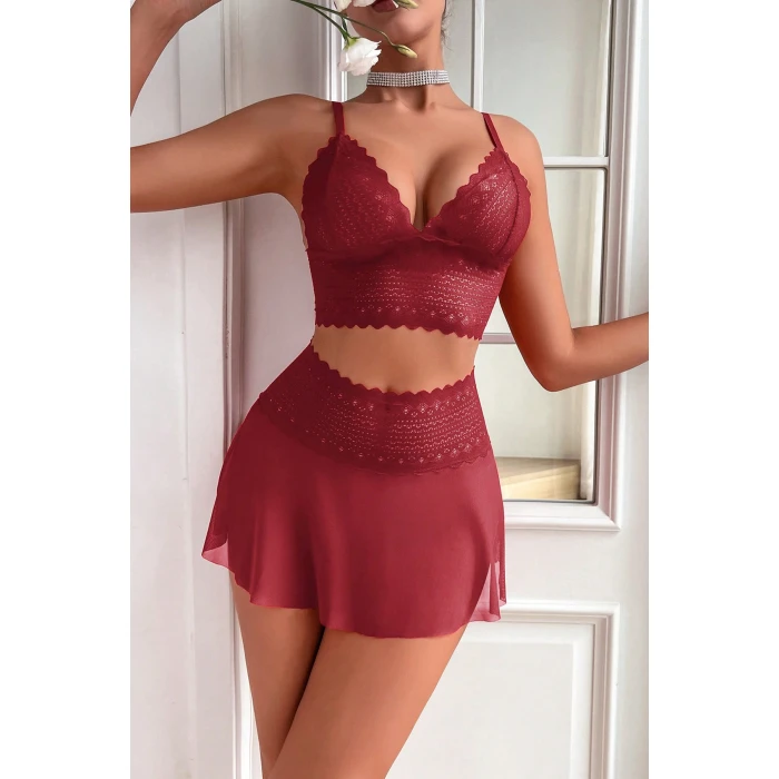 Kadın Bordo Dantel ve Tül Detaylı Etekli Şık Gecelik Takımı