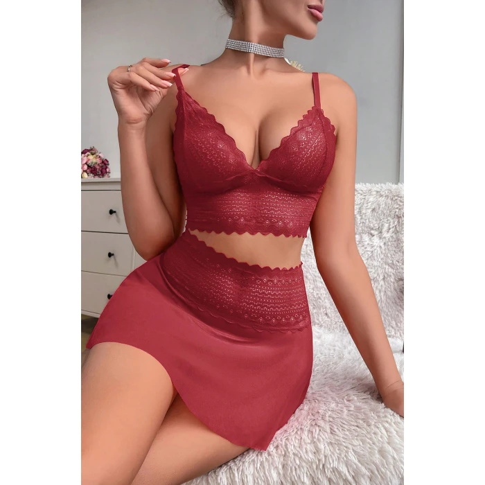 Kadın Bordo Dantel ve Tül Detaylı Etekli Şık Gecelik Takımı