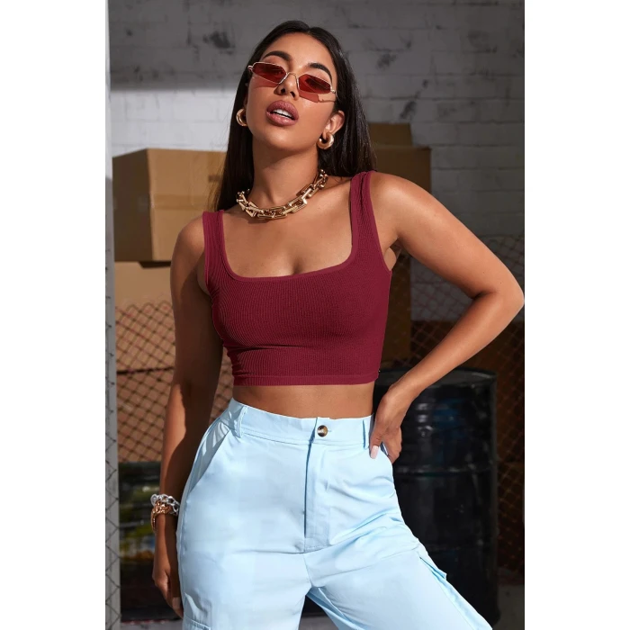 Kadın Bordo Kalın Askılı Crop Top Büstiyer