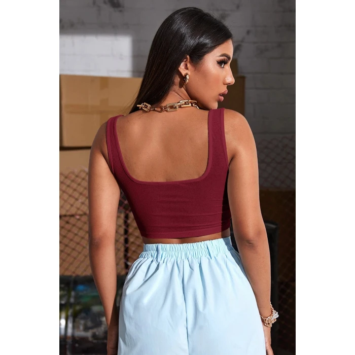 Kadın Bordo Kalın Askılı Crop Top Büstiyer