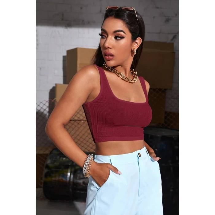 Kadın Bordo Kalın Askılı Crop Top Büstiyer