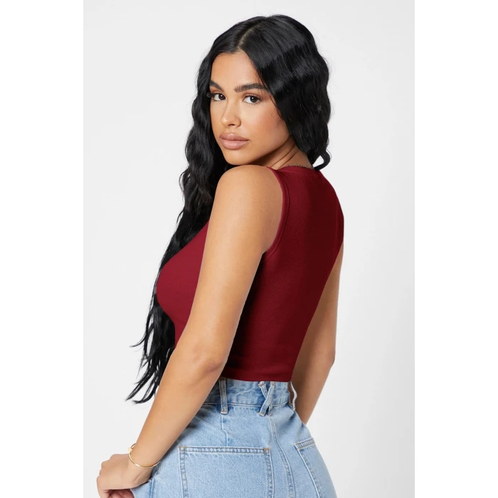 Kadın Bordo Kare Yaka Crop Top Bluz