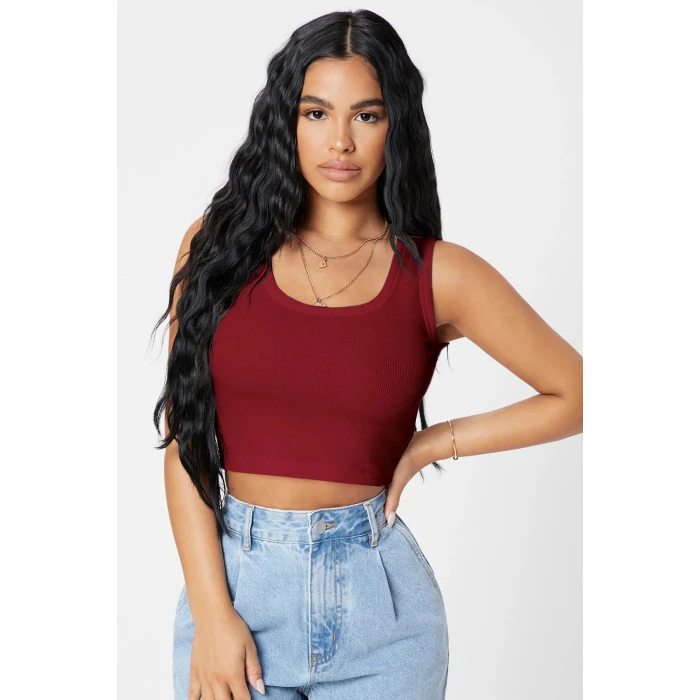 Kadın Bordo Kare Yaka Crop Top Bluz