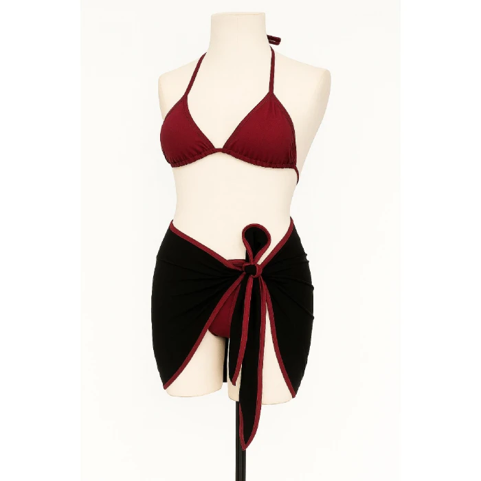 Kadın Bordo Siyah Pareolu Yandan ve Boyundan Bağlamalı 3lü Bikini Takımı