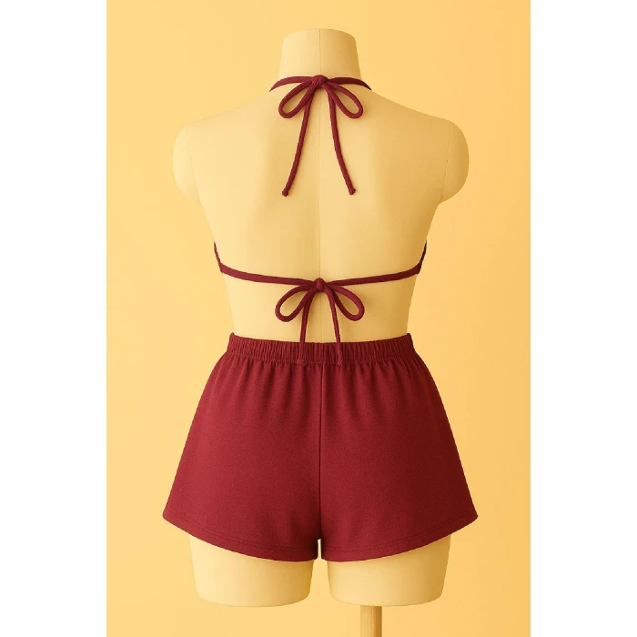 Kadın Bordo Şortlu Belden ve Boyundan Bağlamalı Bikini Takımı