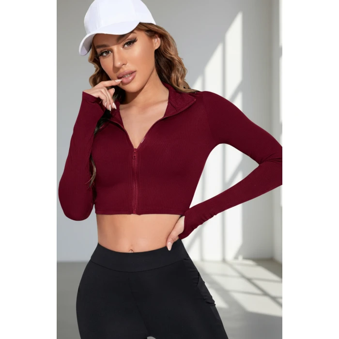 Kadın Bordo Uzun Kol Fermuarlı Parmak Geçme Detaylı Dik Yaka Crop Top Bluz
