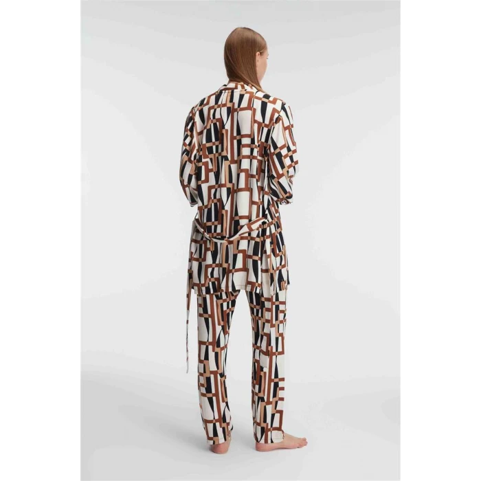 Kadın Dokuma Viskon Geometrik Baskılı Sabahlık Mikro Kumaş Dantelli Atlet Ve Yandan Cepli Pantolon 3lü Takım