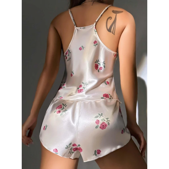 Kadın Ekru Gül Desenli Askılı Dantel Üst Pijama Takımı 2222