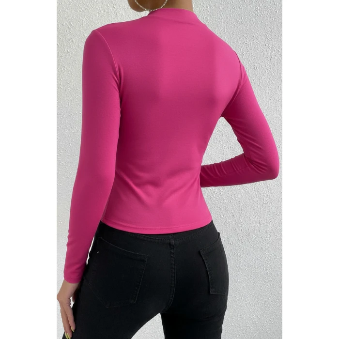 Kadın Fuşya Belden ve Boyundan Büzgü Detaylı Uzun Kollu Bluz