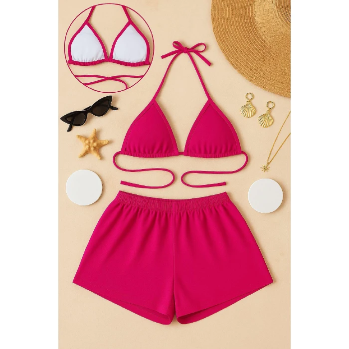 Kadın Fuşya Şortlu Belden ve Boyundan Bağlamalı Bikini Takımı