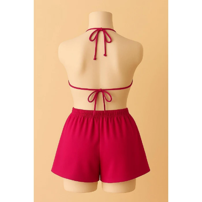Kadın Fuşya Şortlu Belden ve Boyundan Bağlamalı Bikini Takımı