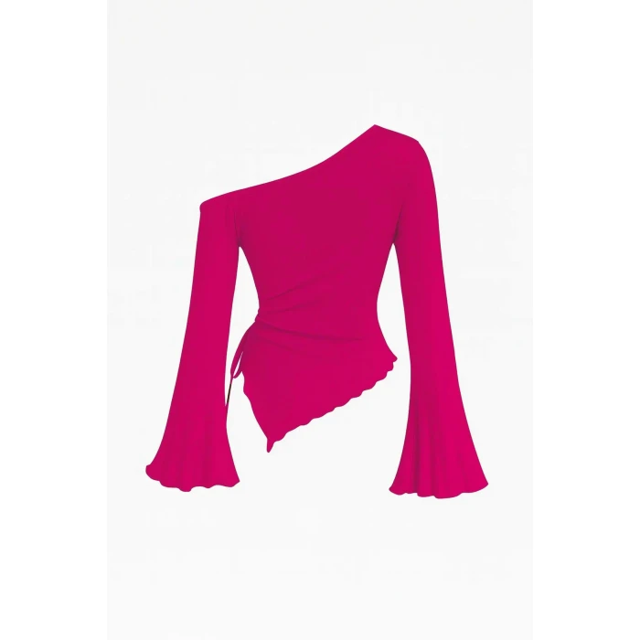 Kadın Fuşya Uzun İspanyol Kollu Asimetirik Yaka Yandan Bağlamalı Drapeli Bluz