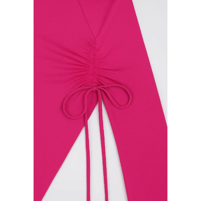 Kadın Fuşya Uzun İspanyol Kollu Asimetirik Yaka Yandan Bağlamalı Drapeli Bluz