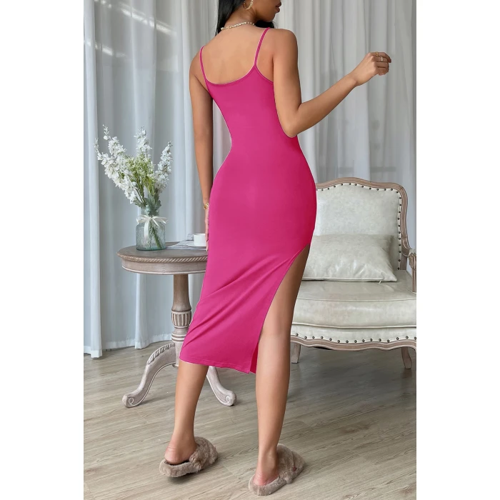 Kadın Fuşya Yırtmaçlı Diz Altı Vücüdu Saran Gecelik