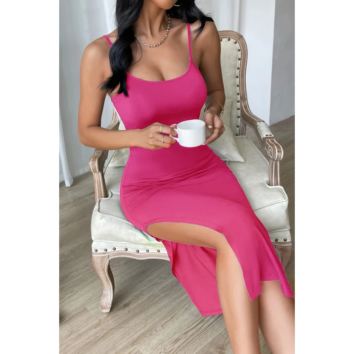 Kadın Fuşya Yırtmaçlı Diz Altı Vücüdu Saran Gecelik