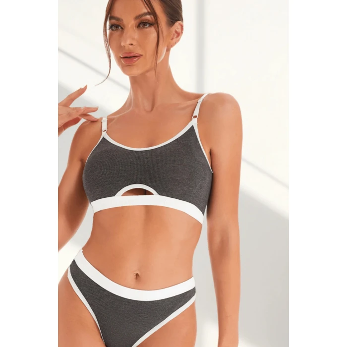 Kadın Gri Antrasit Kaşkorse ve Beyaz Lastikli Cut-Out Tanga Külotlu Takım