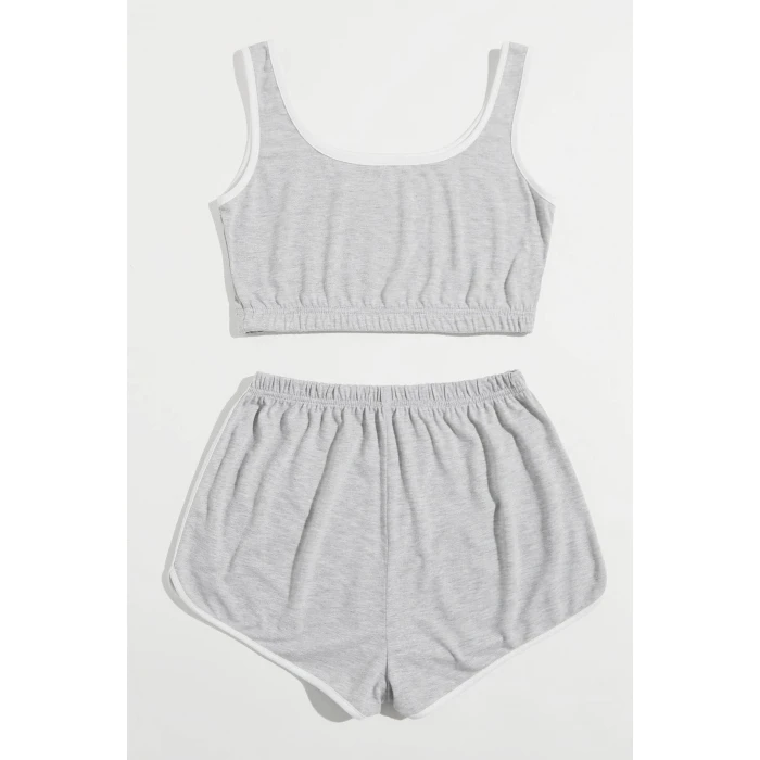 Kadın Gri Askılı Crop Top ve Şortlu Gecelik Takım