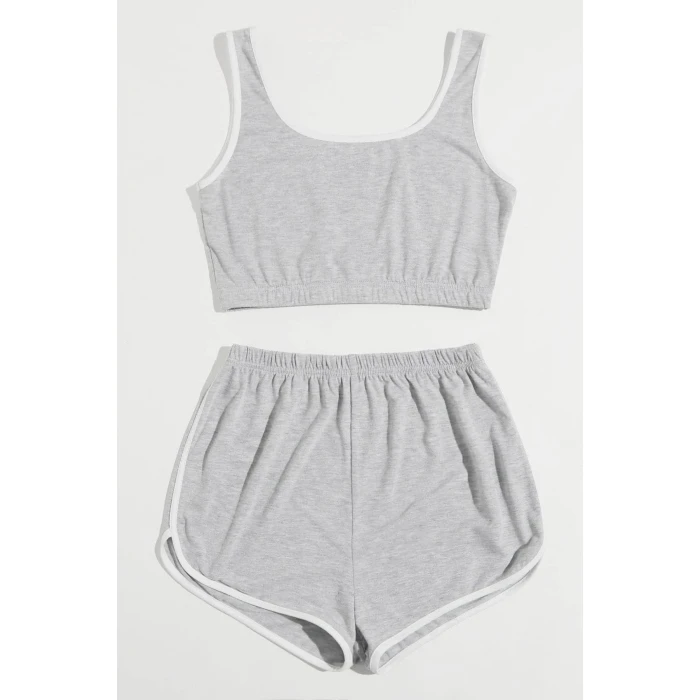 Kadın Gri Askılı Crop Top ve Şortlu Gecelik Takım