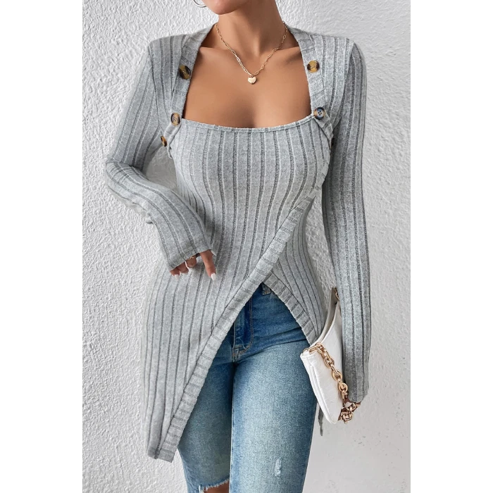 Kadın Gri Düğme Detaylı Kare Yaka Fitilli Asimetrik Etekli Uzun Kollu Bluz