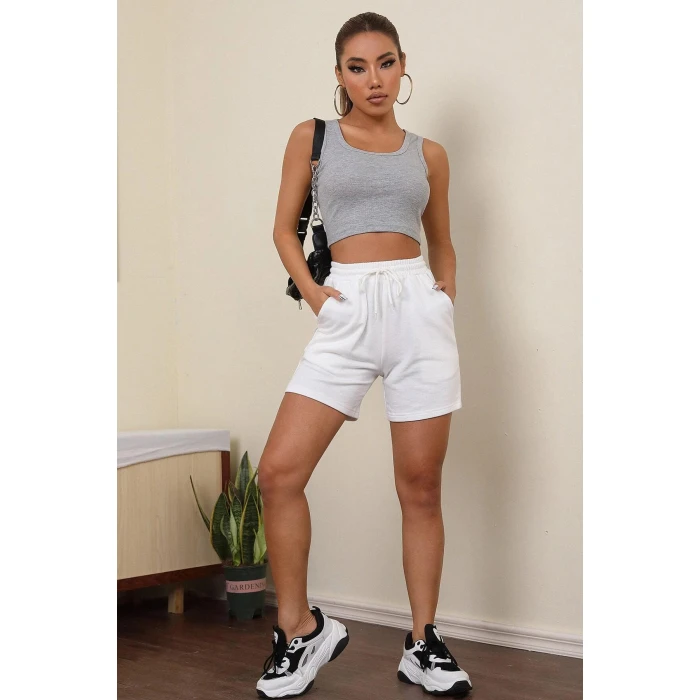 Kadın Gri Kare Yaka Crop Top Bluz