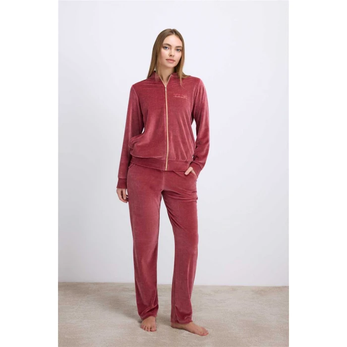 Kadın Kadife Dokulu Fermuarlı Uzun Kollu Sweatshirt Ve Pantolon Takım