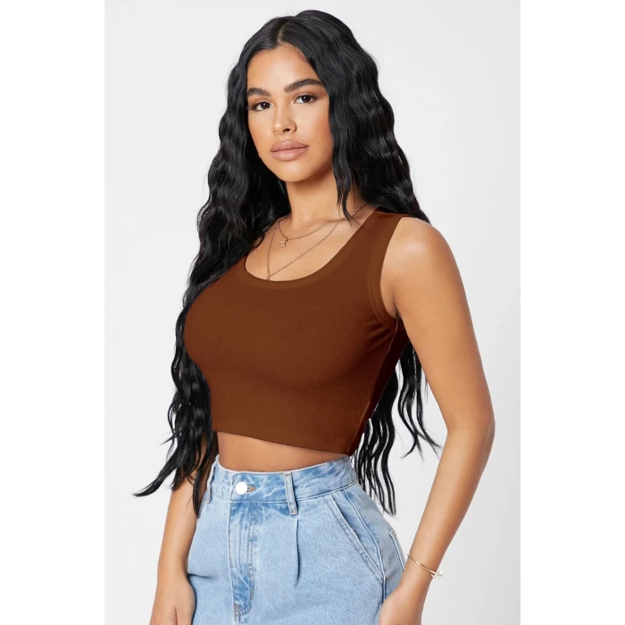 Kadın Kahverengi Kare Yaka Crop Top Bluz