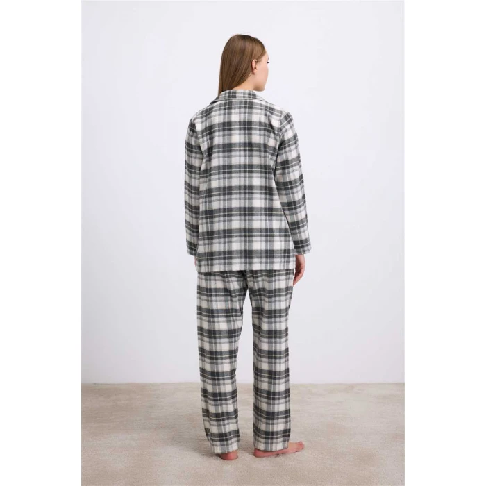 Kadın Kareli Flanel Görünümlü Uzun Kollu Gömlek Ve Pantolon Takımı