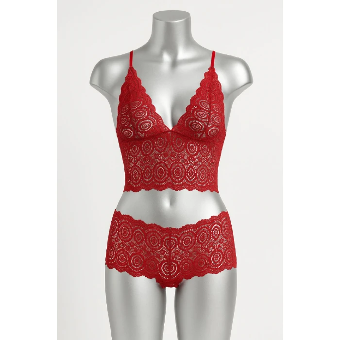 Kadın Kırmızı Dantel Bralet Şort Takımı – Tutkulu ve Çekici İç Giyim
