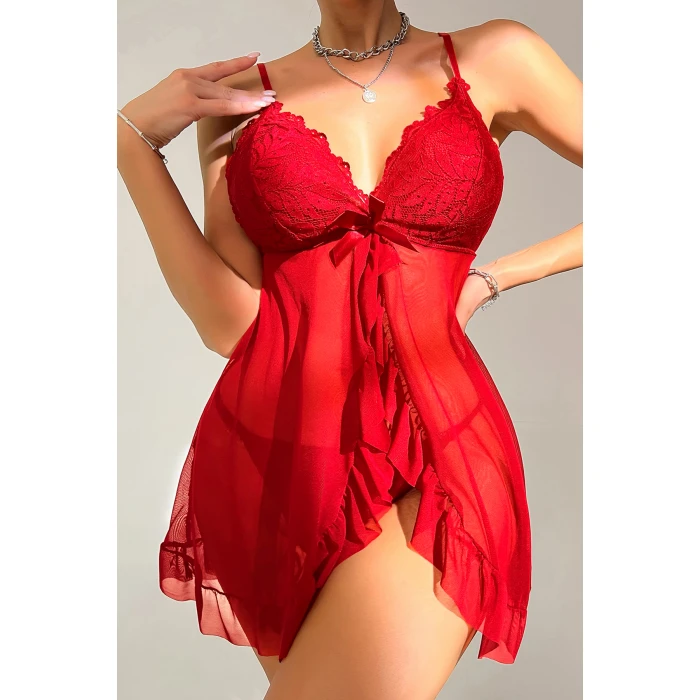 Kadın Kırmızı Dantelli, Fırfırlı Tül ve Fiyonk Detaylı Tangalı Gecelik Takımı