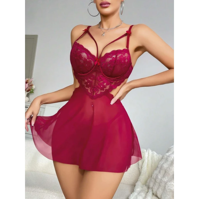 Kadın Kırmızı Fantazi Gecelik Tül Göğüs Dantel Dekolteli Fiyok Detaylı 2162