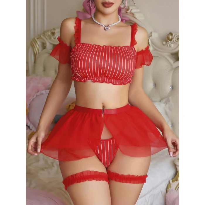 Kadın Kırmızı Fantazi  Kostüm Kolları Tül Detaylı Fırfırlı 2186