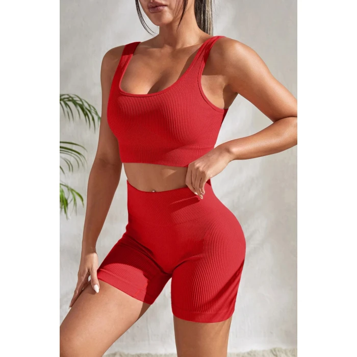 Kadın Kırmızı Kalın Askılı Yüksek Bel Şortlu Gecelik Takımı