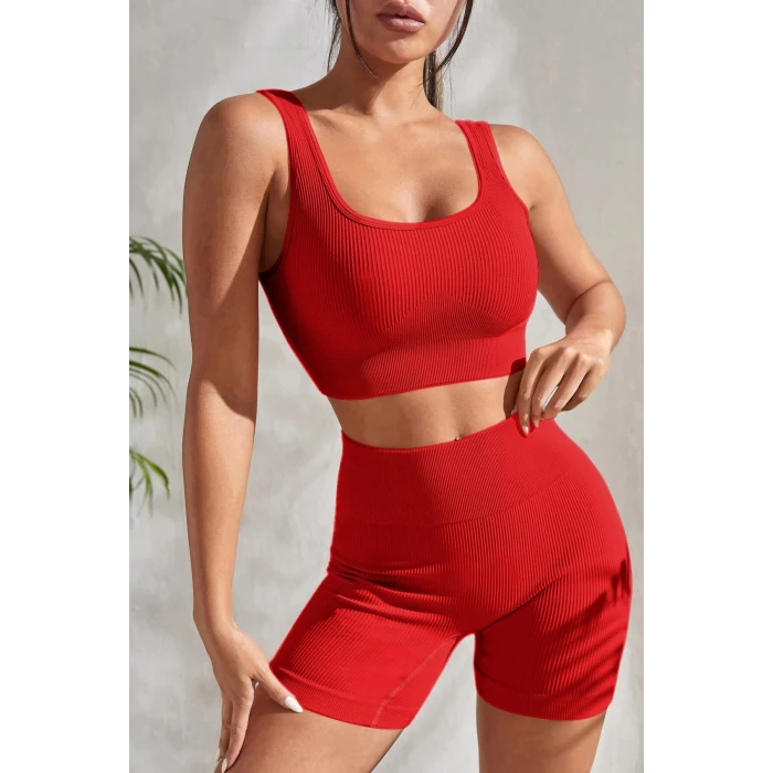 Kadın Kırmızı Kalın Askılı Yüksek Bel Şortlu Gecelik Takımı