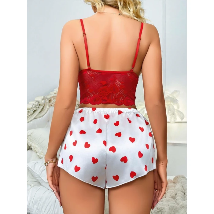 Kadın Kırmızı Kalp Desenli Şort Askılı Dantel Üst Pijama Takımı 2218