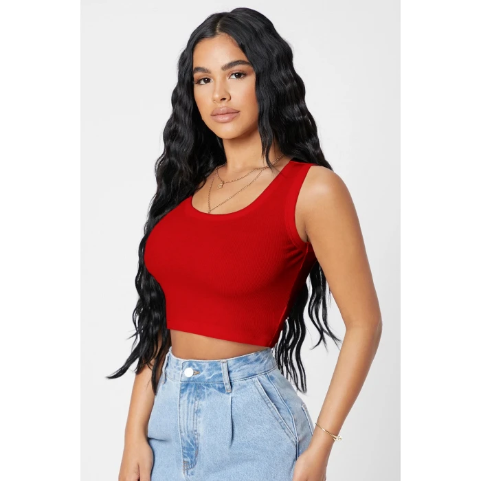 Kadın Kırmızı Kare Yaka Crop Top Bluz