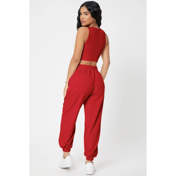Kadın Kırmızı Kaşkorse Cepli Jogger Eşofman Altı ve Crop Top Bluz