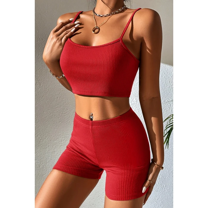 Kadın Kırmızı Şortlu Kaşkorse Gecelik Takım