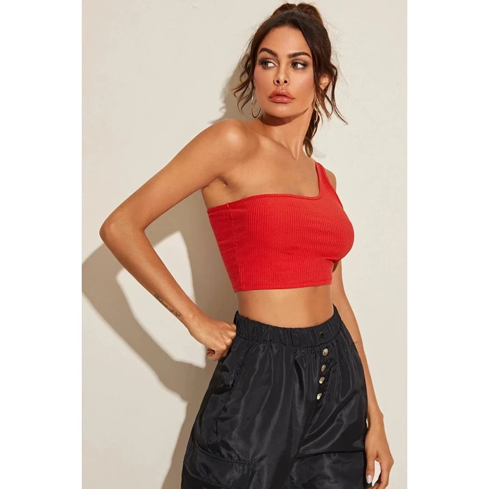 Kadın Kırmızı Tek Omuz Crop Büstiyer