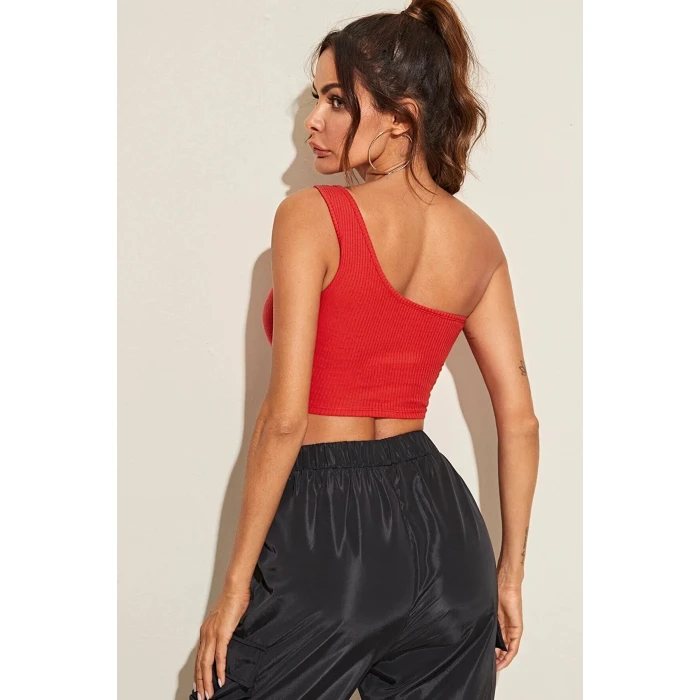 Kadın Kırmızı Tek Omuz Crop Büstiyer