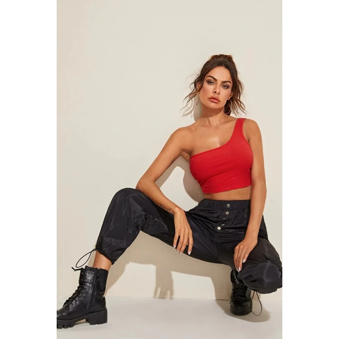 Kadın Kırmızı Tek Omuz Crop Büstiyer