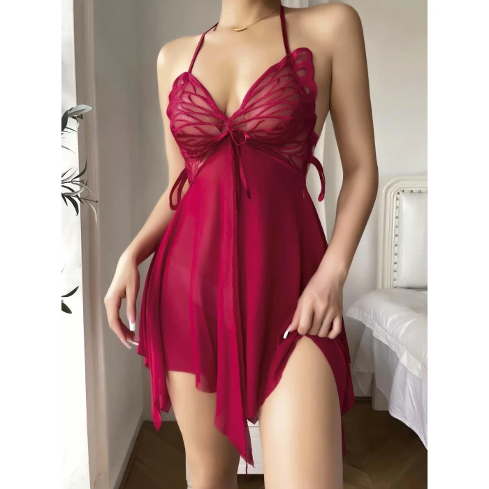 Kadın Kırmızı Transparan Kelebek Detaylı Tül Fantezi Gecelik 2245