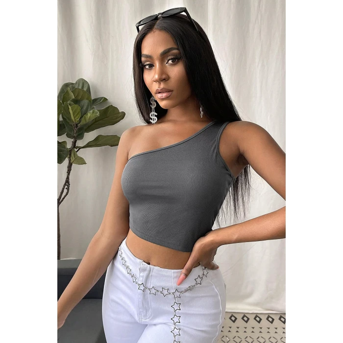 Kadın Koyu Gri Tek Omuz Crop Büstiyer