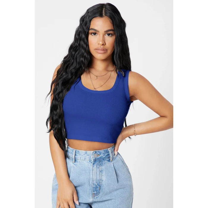 Kadın Lacivert Kare Yaka Crop Top Bluz