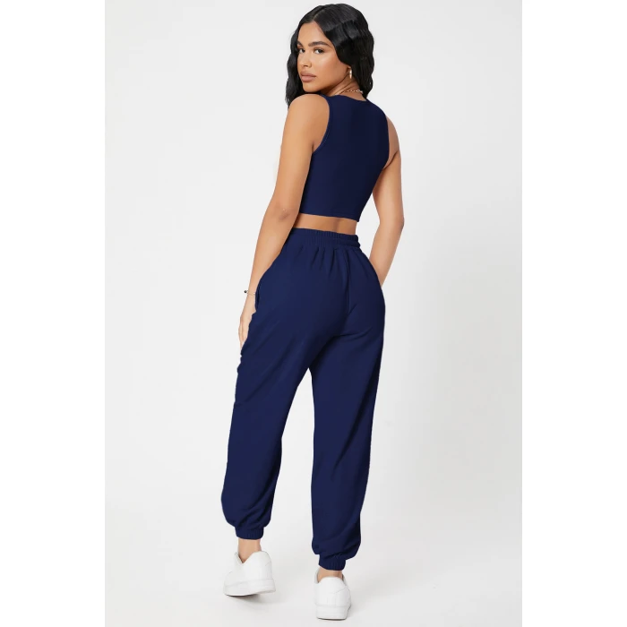 Kadın Lacivert Kaşkorse Cepli Jogger Eşofman Altı ve Crop Top Bluz