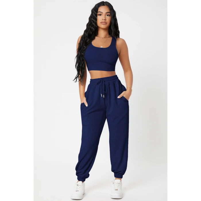 Kadın Lacivert Kaşkorse Cepli Jogger Eşofman Altı ve Crop Top Bluz
