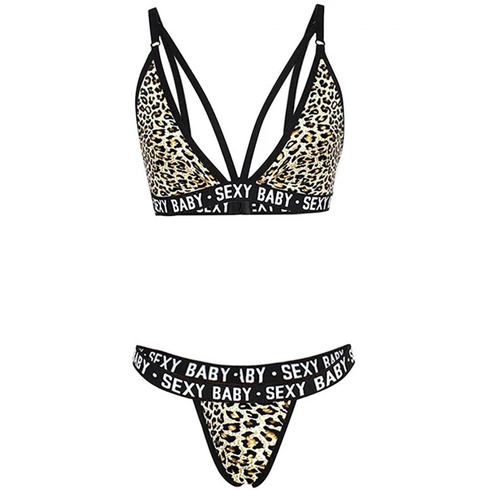 Kadın Leopar Desenli Yazı Detaylı Ipli Sütyen Takımı