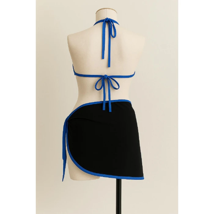 Kadın Mavi Pareolu Yandan ve Boyundan Bağlamalı 3lü Bikini Takımı